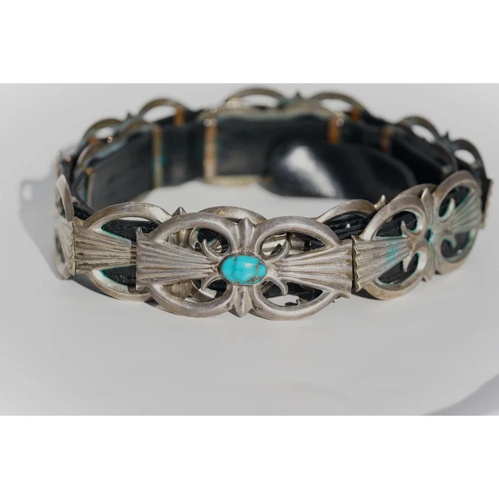 Vintage Navajo Sterling Silver Sand Cast Turquoise Concho Belt 450g Heavy 1950's